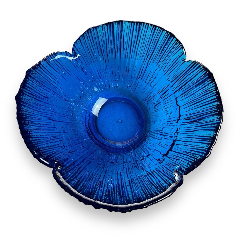Vintage‎ Blenko Glass Bowl Blue Flower Petal Dish MCM Textured 9" RARE